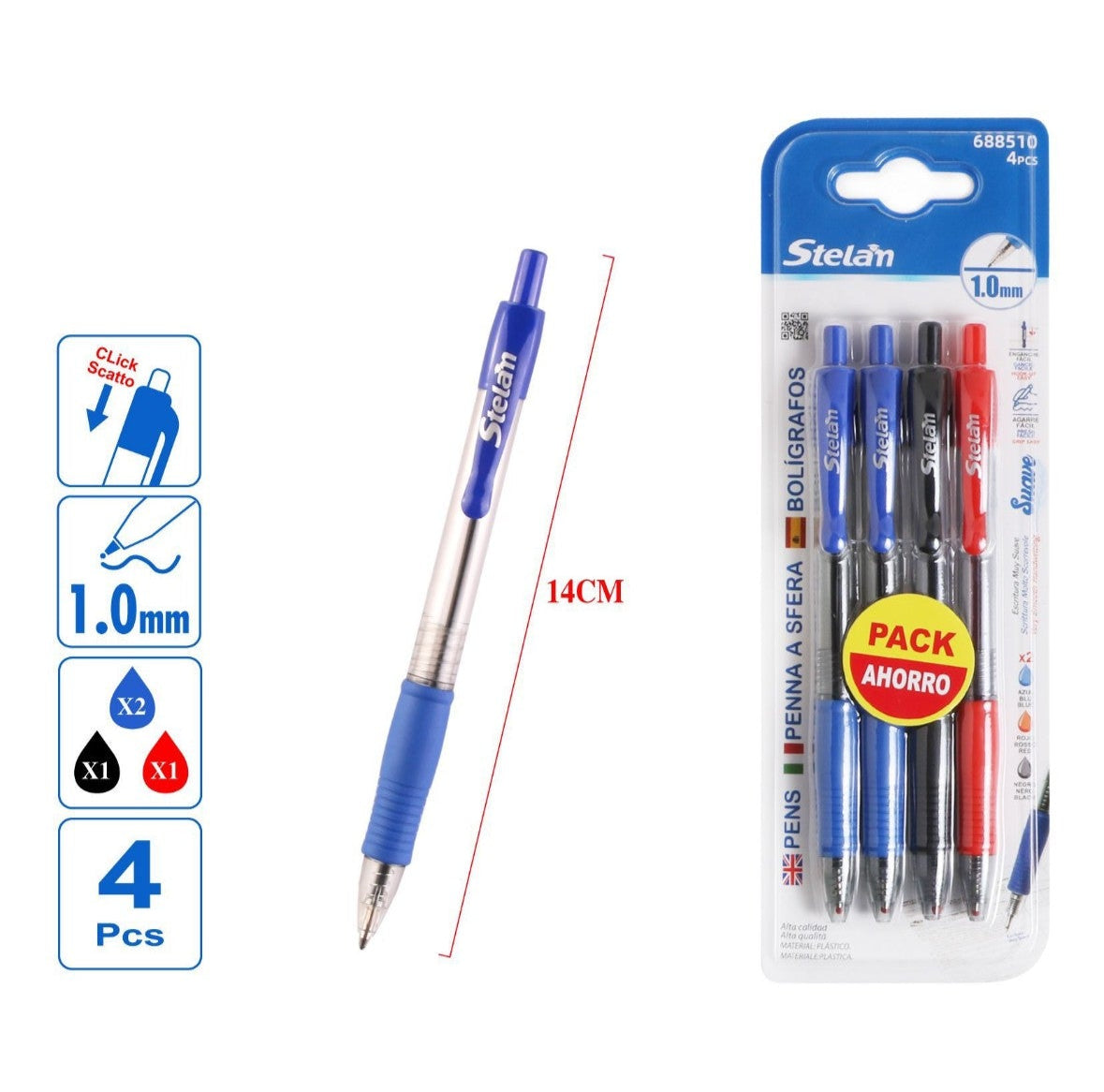pack 4 bolígrafos retráctiles surtidos | 1.0 mm