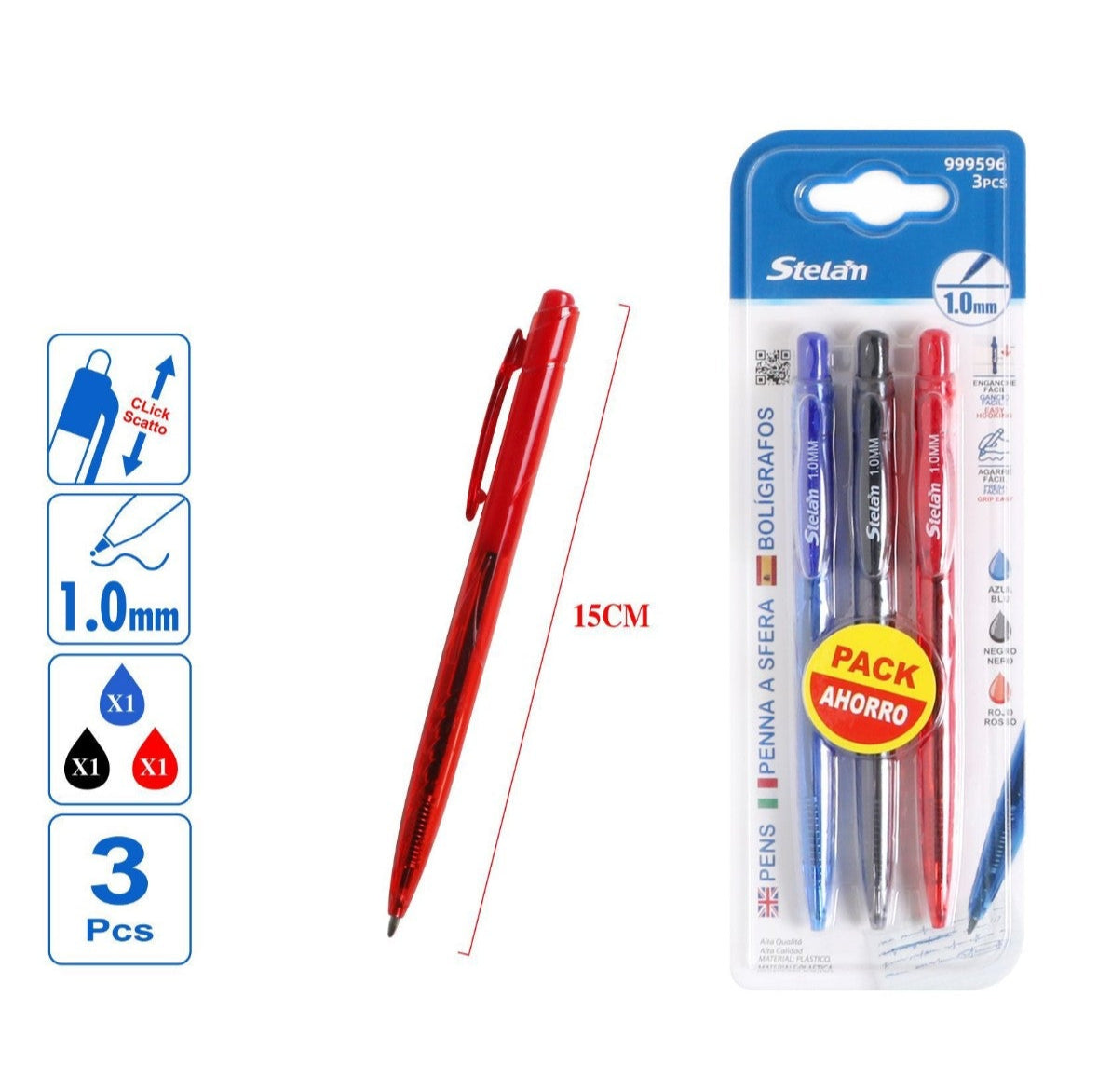 pack 3 bolígrafos retráctiles surtidos | 1.0 mm