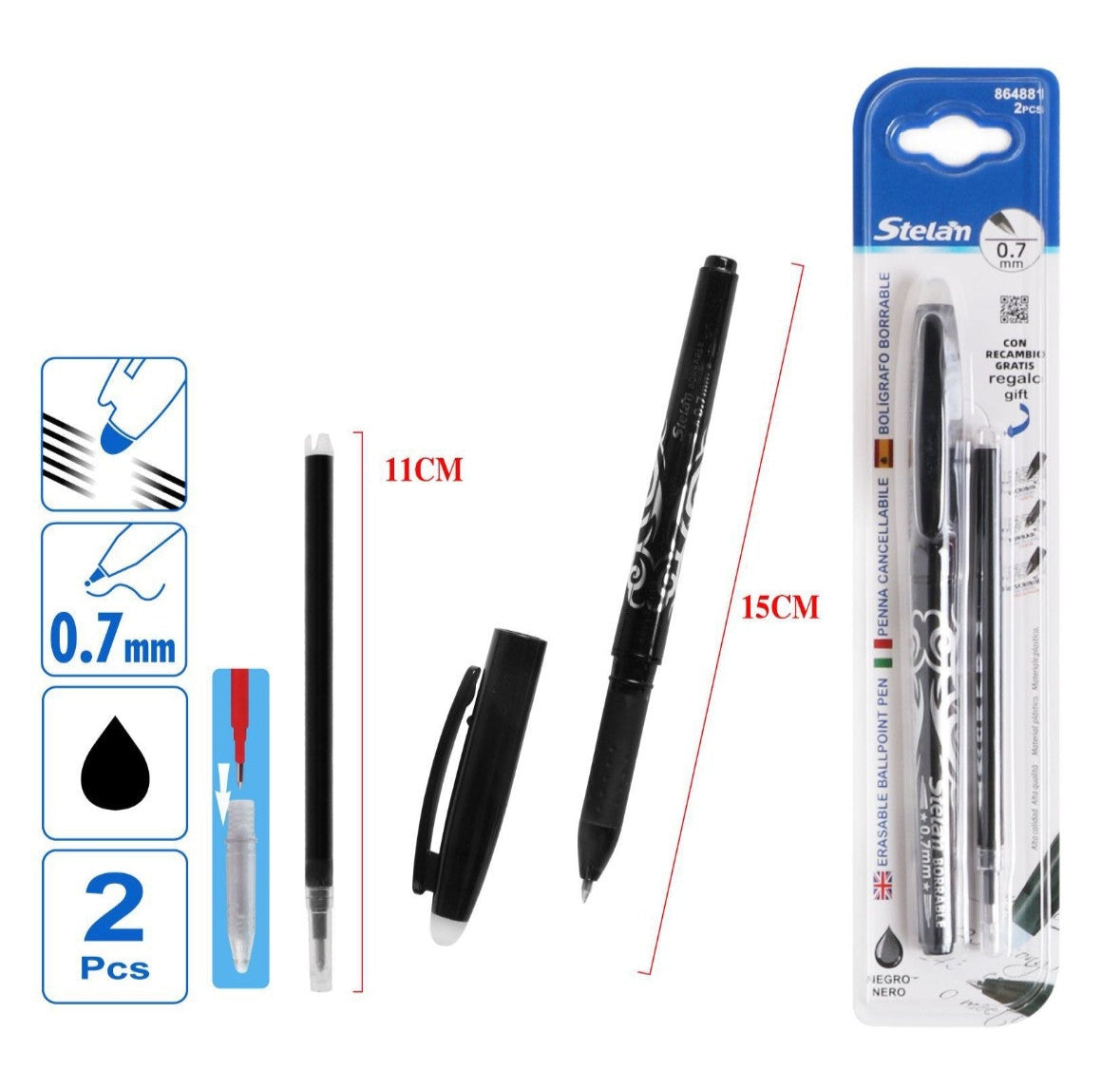 pack 2 bolígrafos borrables con recambio | negro | 0.7 mm