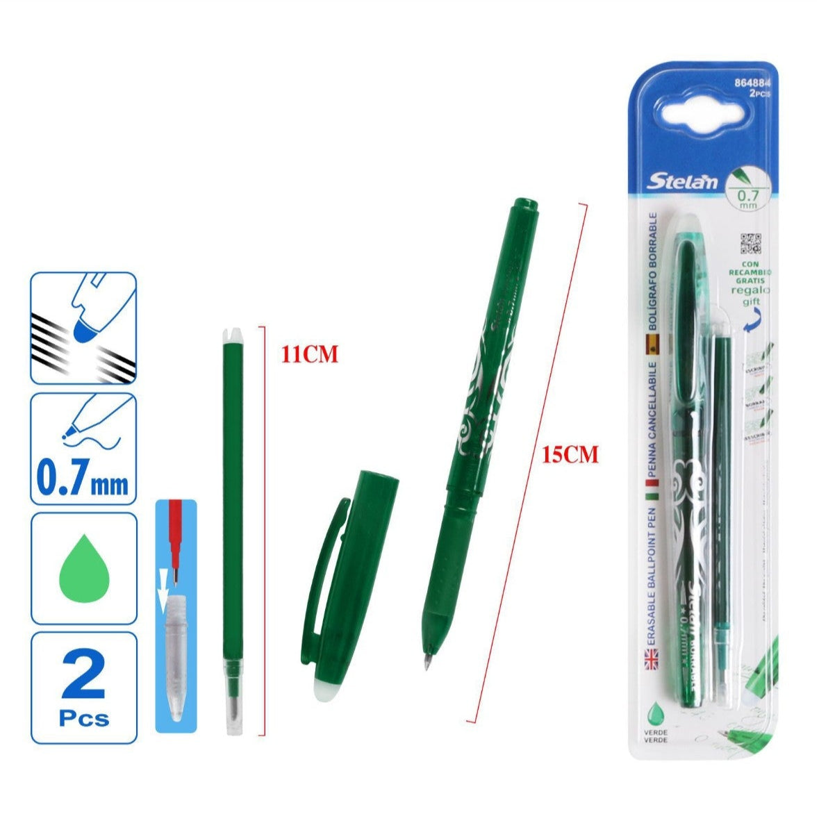 pack 2 bolígrafos borrables con recambio | verde | 0.7 mm
