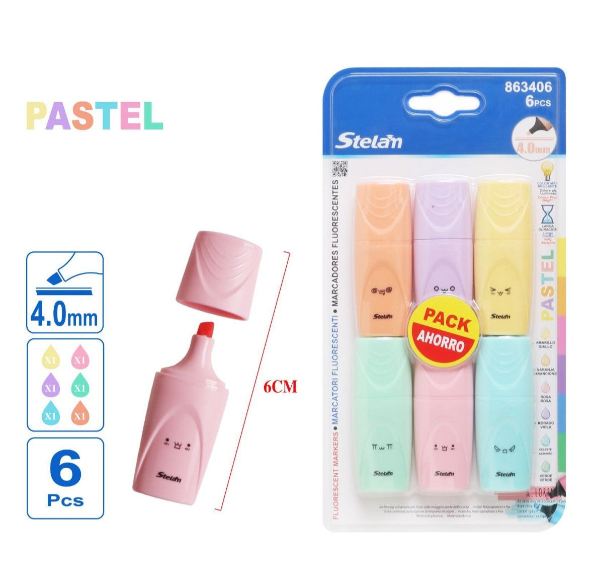 pack 6 marcadores fluorescentes pastel | 4.0 mm