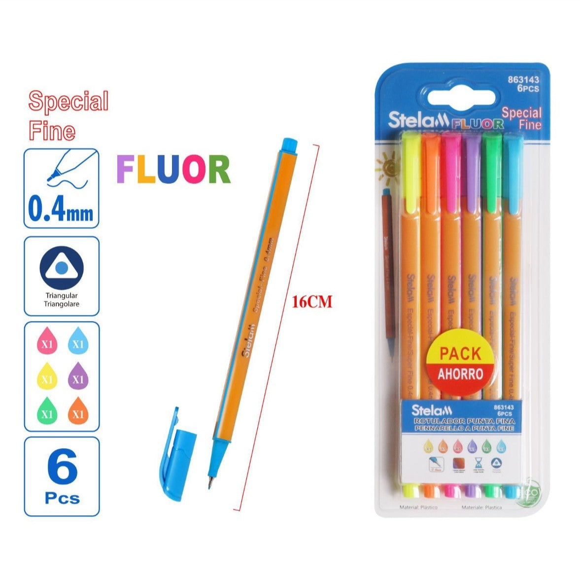 pack 6 rotuladores punta fina fluor