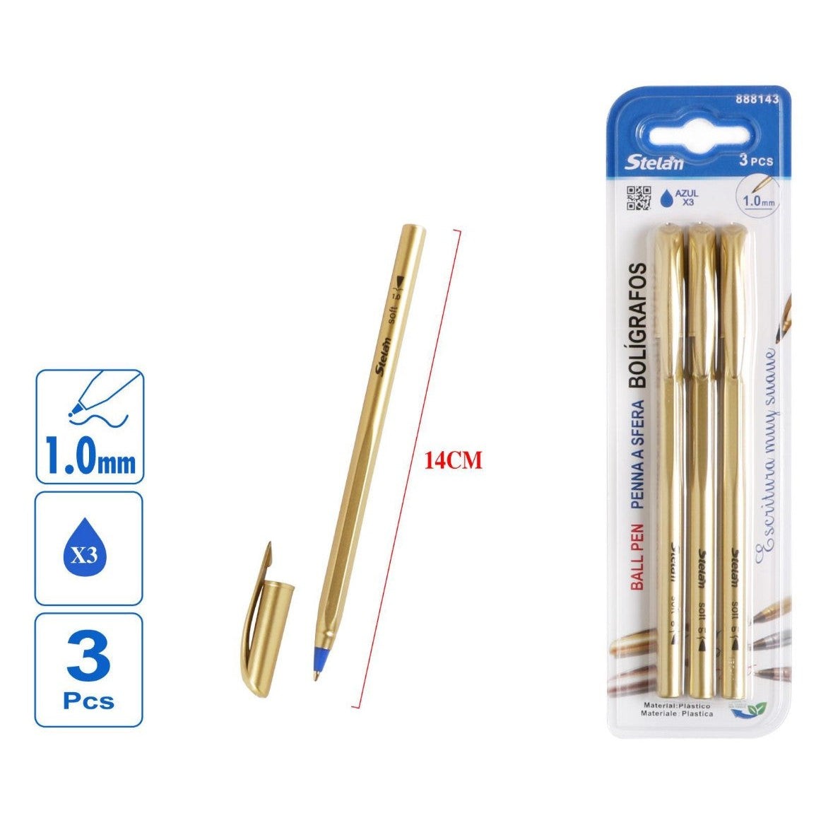 pack 3 bolígrafos dorados con tapa | 1.0 mm | tinta azul