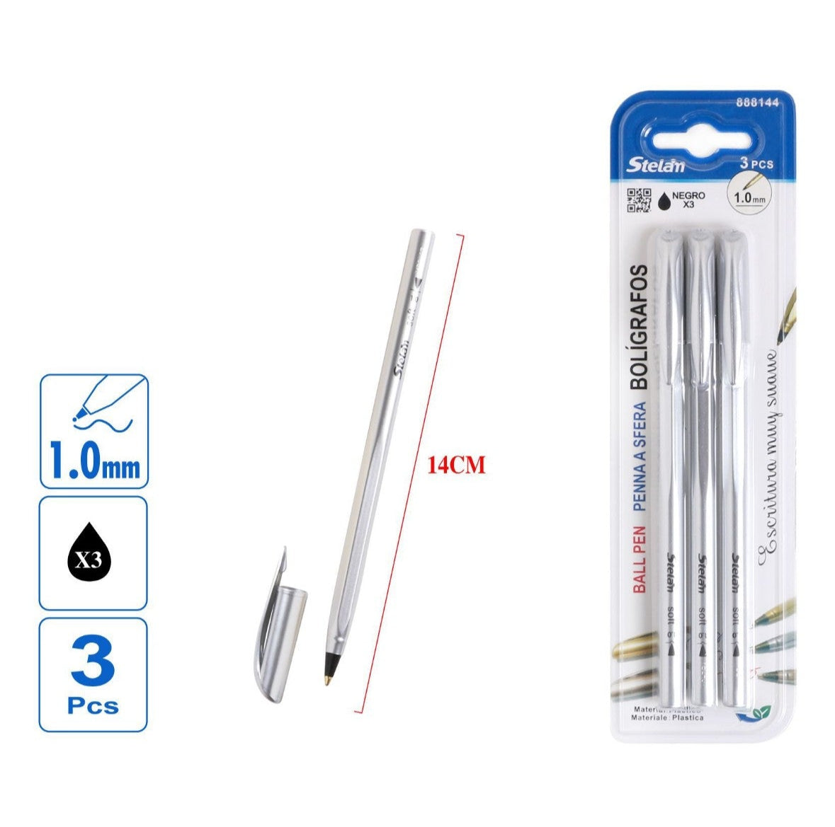 pack 3 bolígrafos plateados con tapa | 1.0 mm | tinta negra