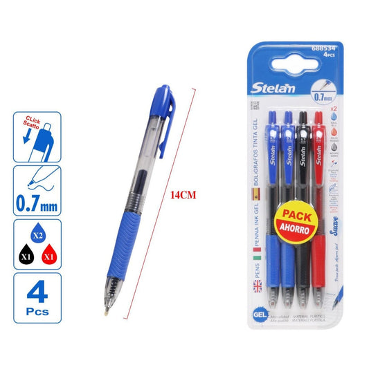 pack 4 bolígrafos tinta gel retráctil | azul, negro, rojo | 0.7 mm