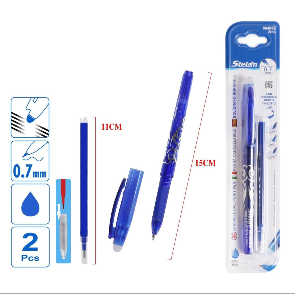pack 2 bolígrafos borrables con recambio | azul | 0.7 mm