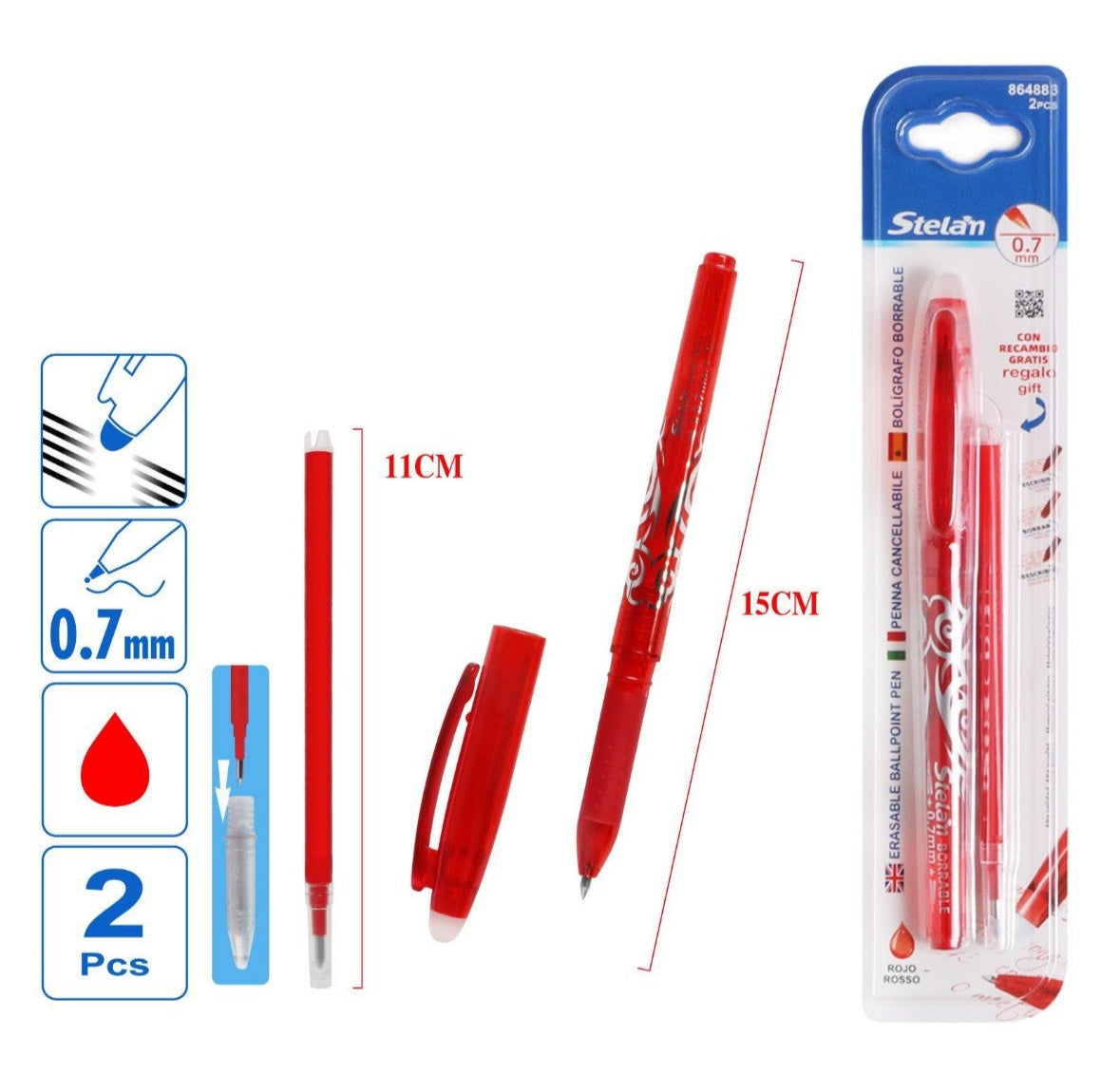 pack 2 bolígrafos borrables con recambio | rojo | 0.7 mm