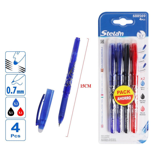 pack 4 bolígrafos borrables surtidos | azul, negro, rojo | 0.7 mm