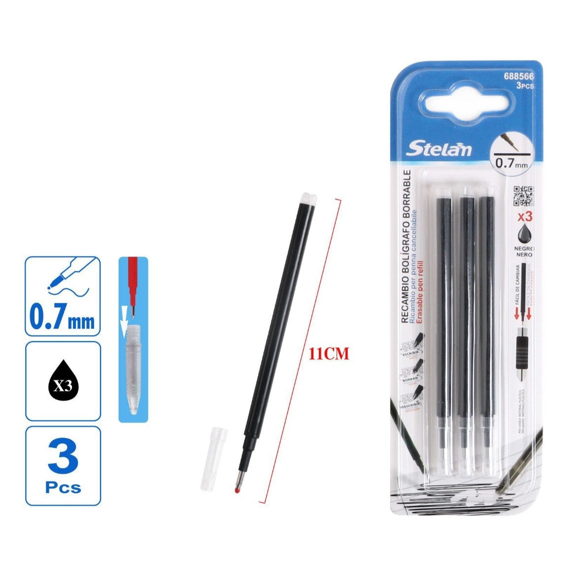 pack 3 recambios bolígrafo borrable negro | 0.7 mm