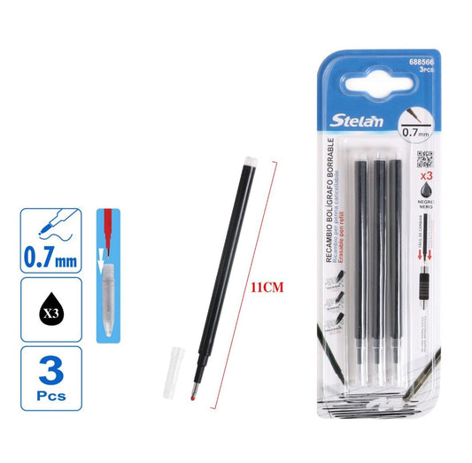 pack 3 recambios bolígrafo borrable negro | 0.7 mm