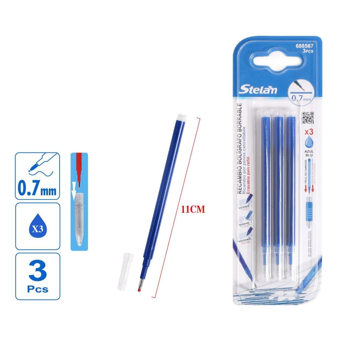 pack 3 recambios bolígrafo borrable azul | 0.7 mm