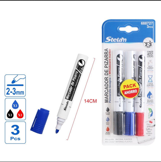 pack 3 marcadores de pizarra surtidos | azul, rojo y negro