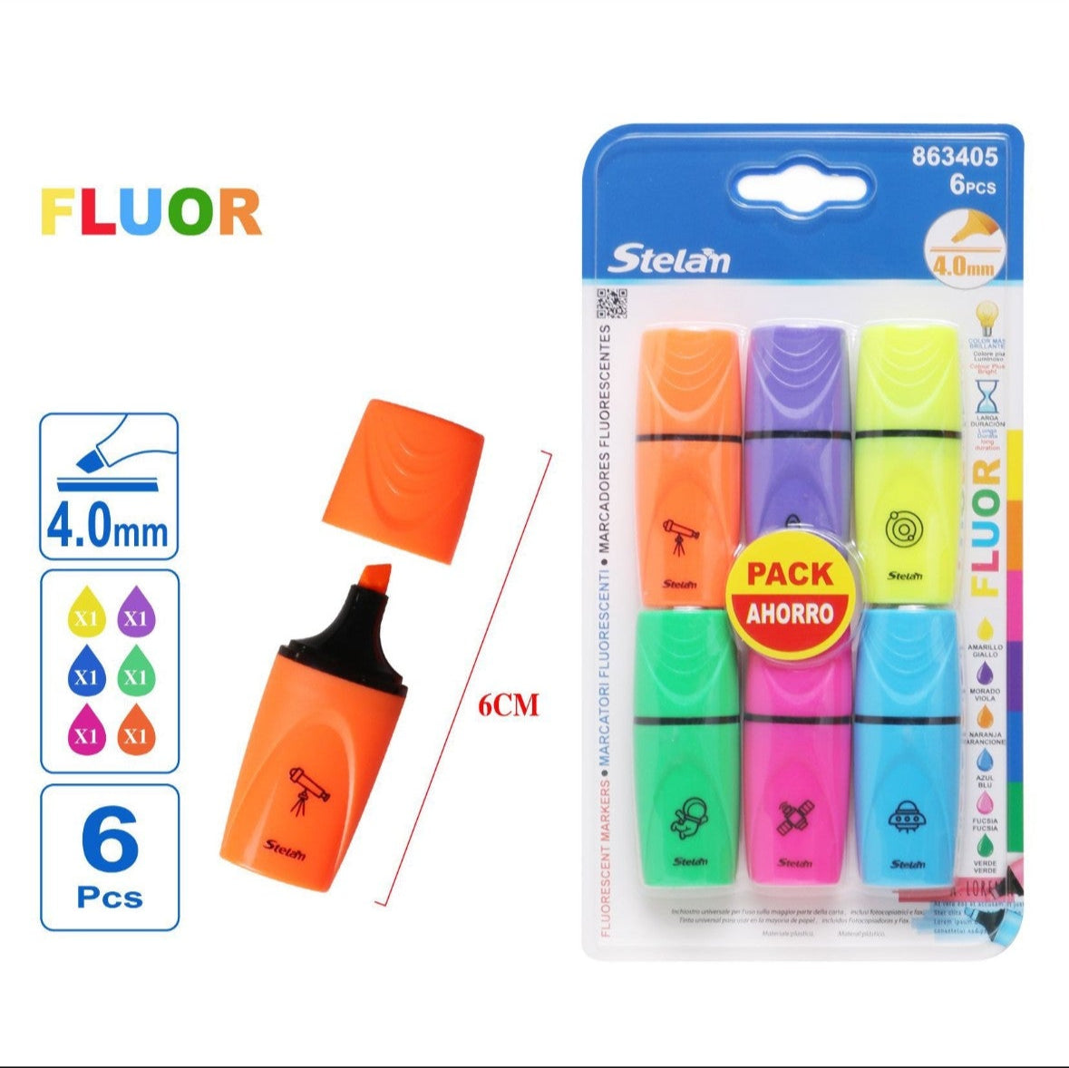 pack 6 marcadores fluorescentes fluor | 4.0 mm