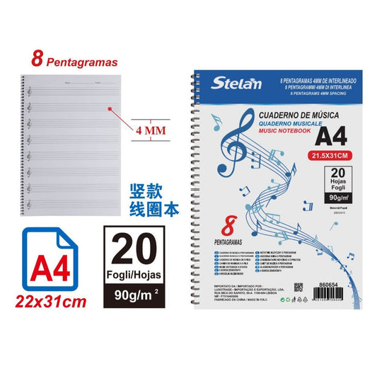 cuaderno de música 8 pentagramas | a4 | 20 hojas