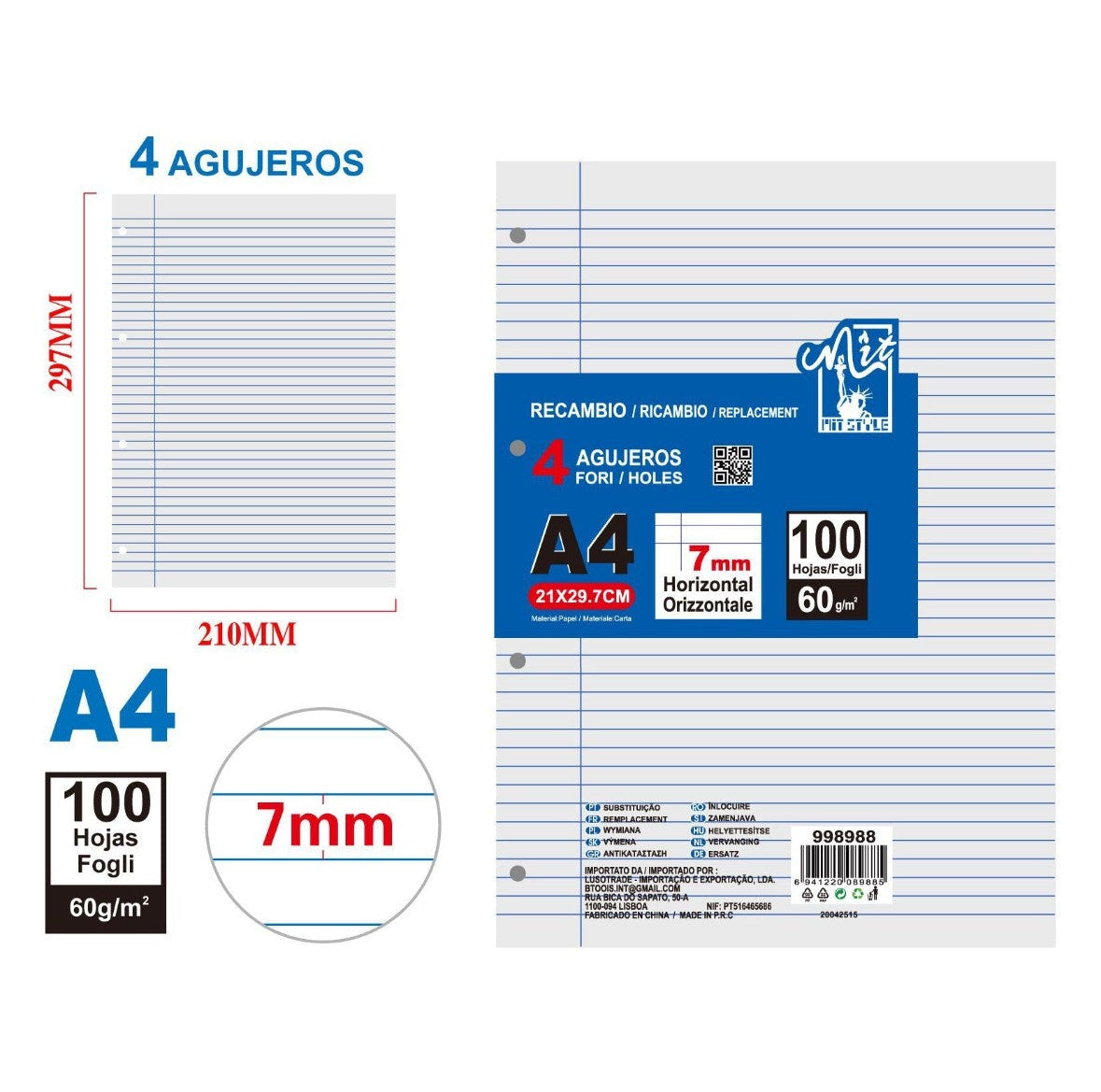 Hojas A4 a Líneas Perforadas – Recambio para Archivador (7 mm)