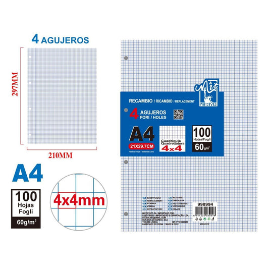 Hojas Cuadriculadas A4 Perforadas 4×4 mm – Recambio para Archivador (100 Hojas)