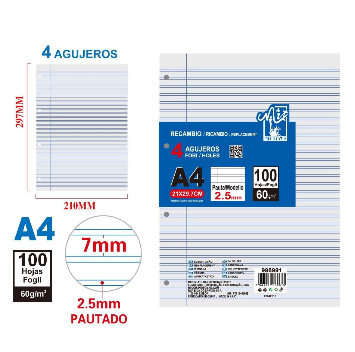 Hojas A4 a Líneas Pautadas Perforadas – Recambio para Archivador (4 Agujeros)