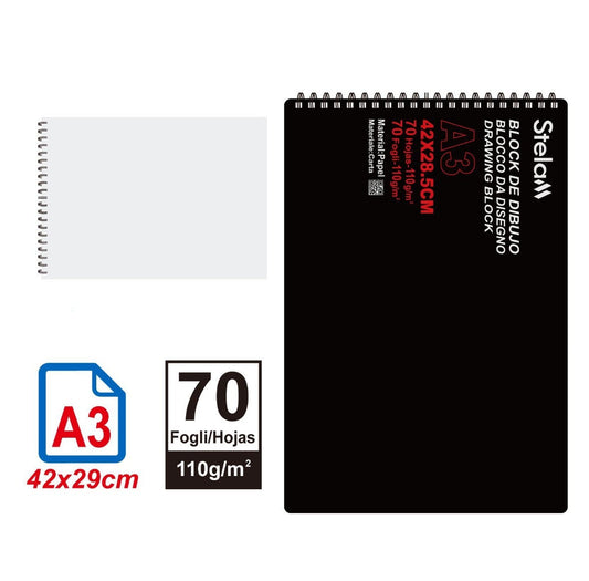 Block de Dibujo A3 – 70 Hojas – Papel 110 g/m² – Tapa Negra